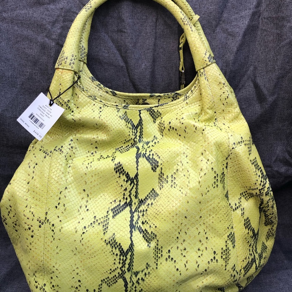 Cole Haan neon green/grey snake print tote.